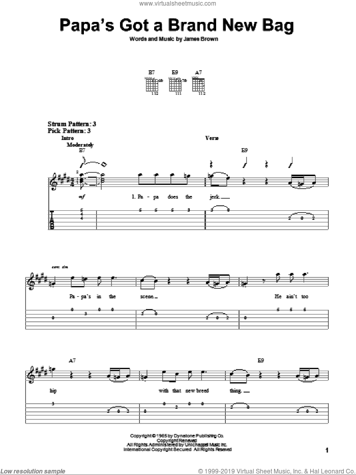 Papa's Got A Brand New Bag sheet music for guitar solo (easy tablature) by James Brown, easy guitar (easy tablature)