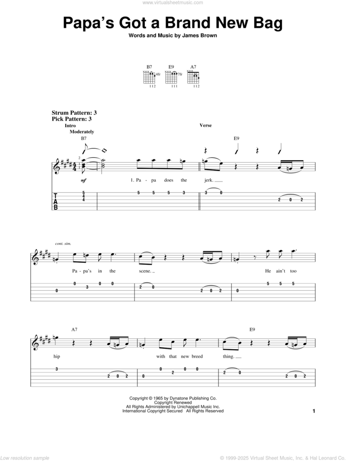 Papa's Got A Brand New Bag sheet music for guitar solo (easy tablature) by James Brown, easy guitar (easy tablature)