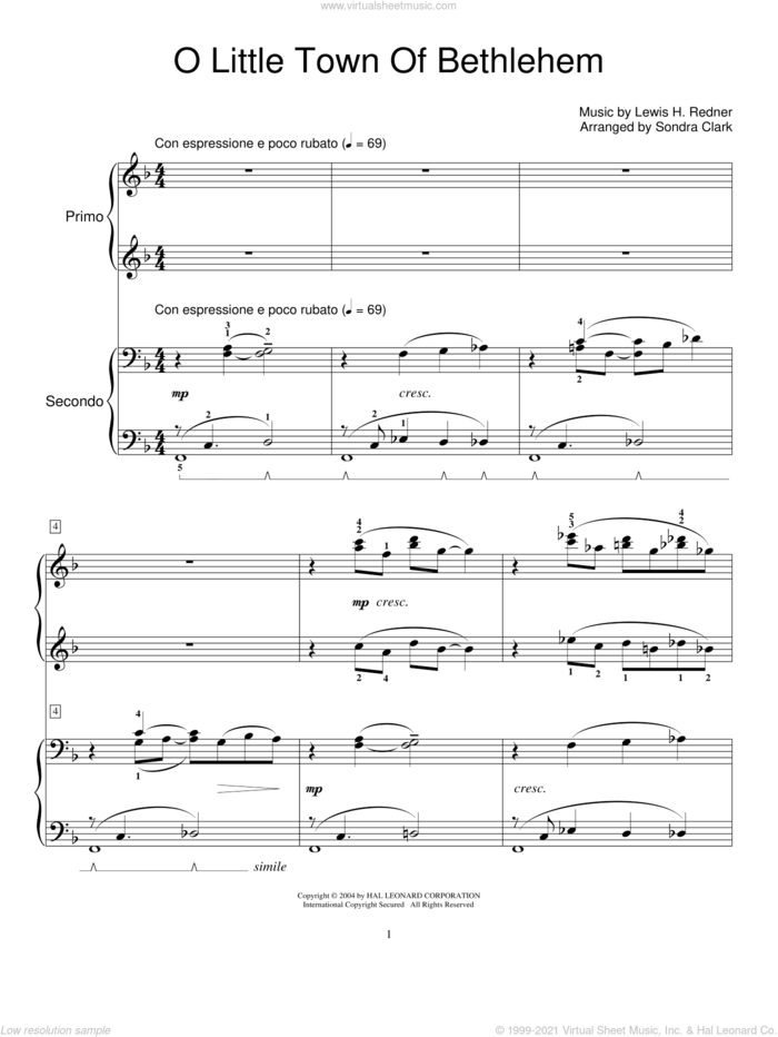 O Little Town Of Bethlehem sheet music for piano four hands by Phillips Brooks, Sondra Clark, Miscellaneous and Lewis Redner, intermediate skill level