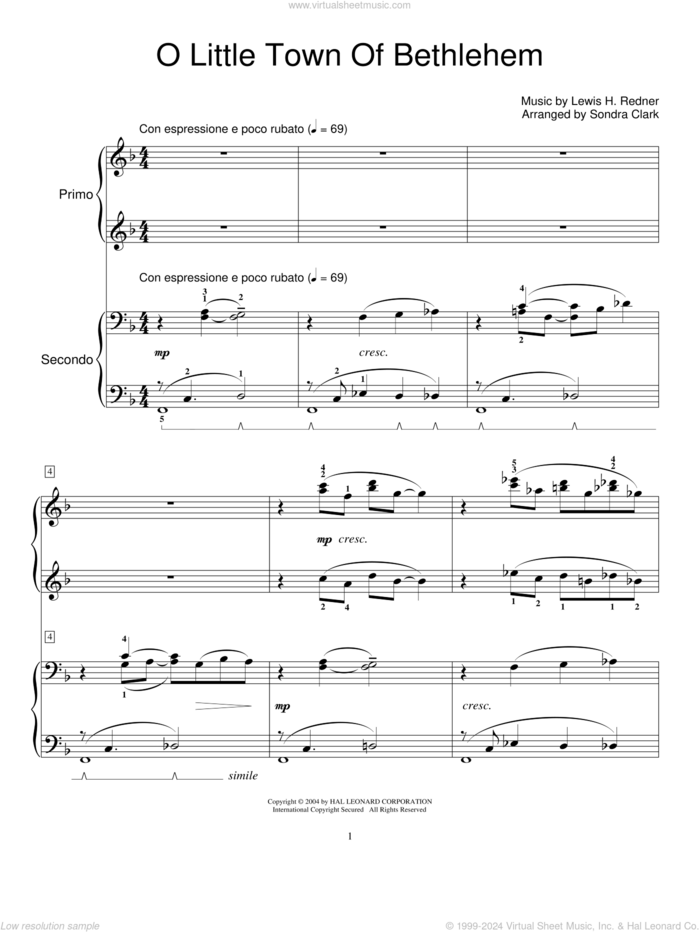 O Little Town Of Bethlehem sheet music for piano four hands by Phillips Brooks, Sondra Clark, Miscellaneous and Lewis Redner, intermediate skill level