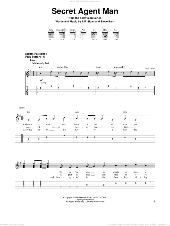 Secret Agent Man sheet music for guitar solo (easy tablature) by Johnny Rivers, P.F. Sloan and Steve Barri, easy guitar (easy tablature)