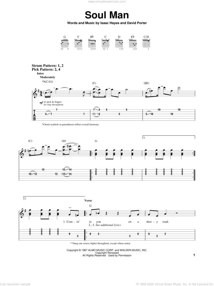 Soul Man sheet music for guitar solo (easy tablature) by Sam & Dave, Blues Brothers, David Porter and Isaac Hayes, easy guitar (easy tablature)