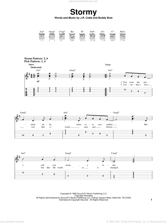 Stormy sheet music for guitar solo (easy tablature) by Classics IV, Buddy Buie and J.R. Cobb, easy guitar (easy tablature)