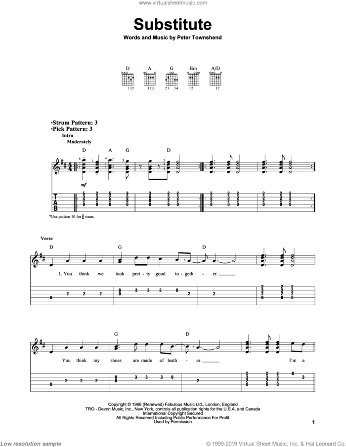 Substitute sheet music for guitar solo (easy tablature) by The Who and Pete Townshend, easy guitar (easy tablature)