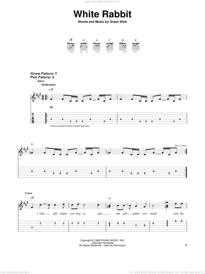 White Rabbit sheet music for guitar solo (easy tablature) by Jefferson Airplane and Grace Slick, easy guitar (easy tablature)
