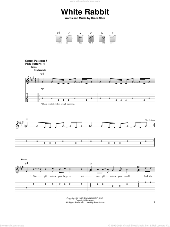 White Rabbit sheet music for guitar solo (easy tablature) by Jefferson Airplane and Grace Slick, easy guitar (easy tablature)