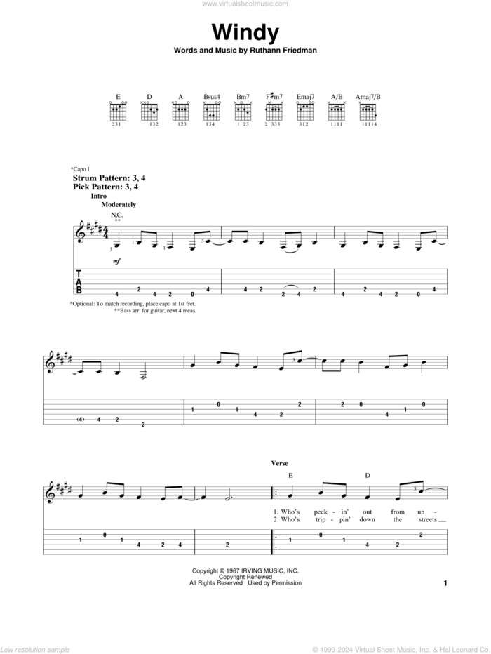 Windy sheet music for guitar solo (easy tablature) by The Association and Ruthann Friedman, easy guitar (easy tablature)