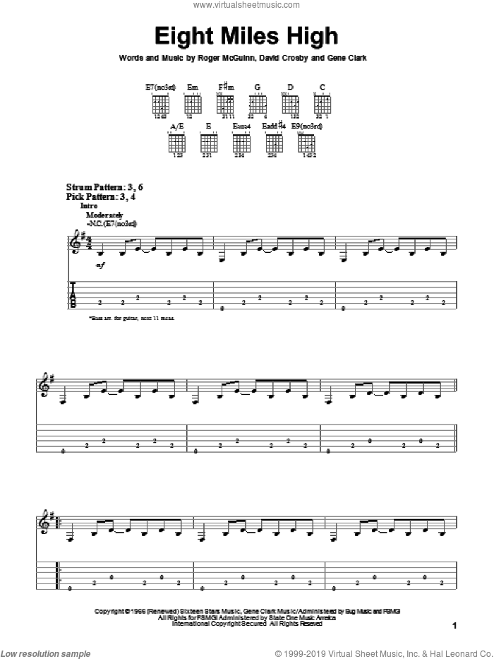 Eight Miles High sheet music for guitar solo (easy tablature) by The Byrds, David Crosby, Gene Clark and Roger McGuinn, easy guitar (easy tablature)