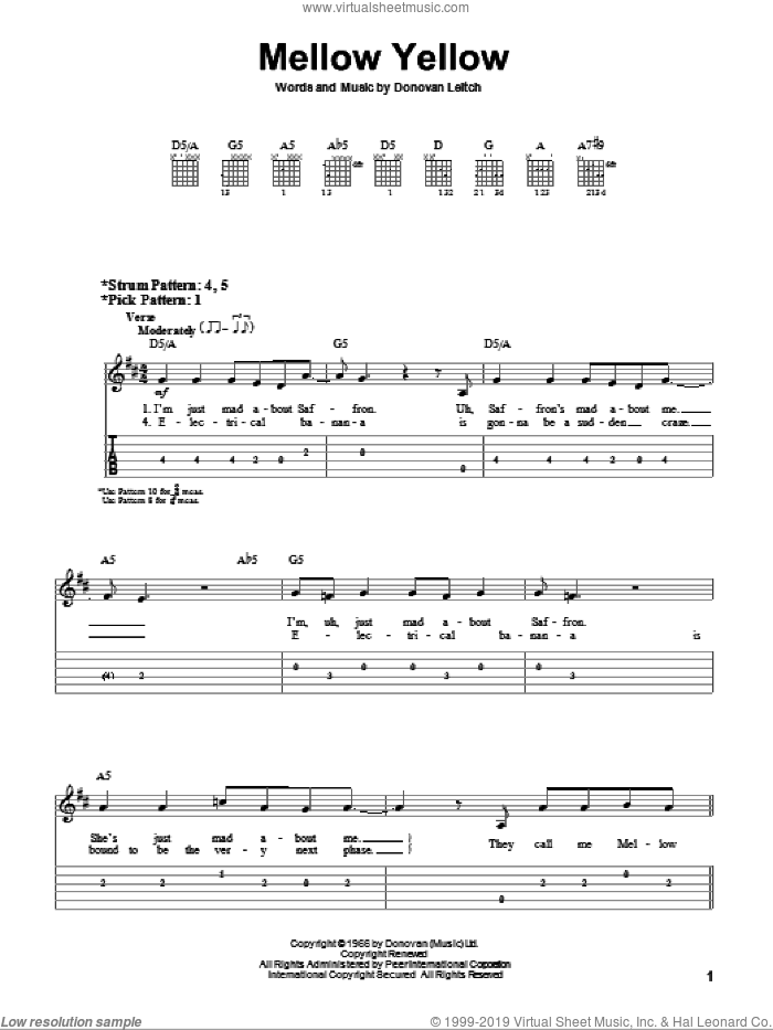 Mellow Yellow sheet music for guitar solo (easy tablature) by Walter Donovan and Donovan Leitch, easy guitar (easy tablature)