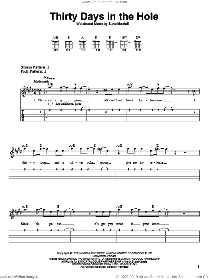 Thirty Days In The Hole sheet music for guitar solo (easy tablature) by Humble Pie and Steve Marriott, easy guitar (easy tablature)
