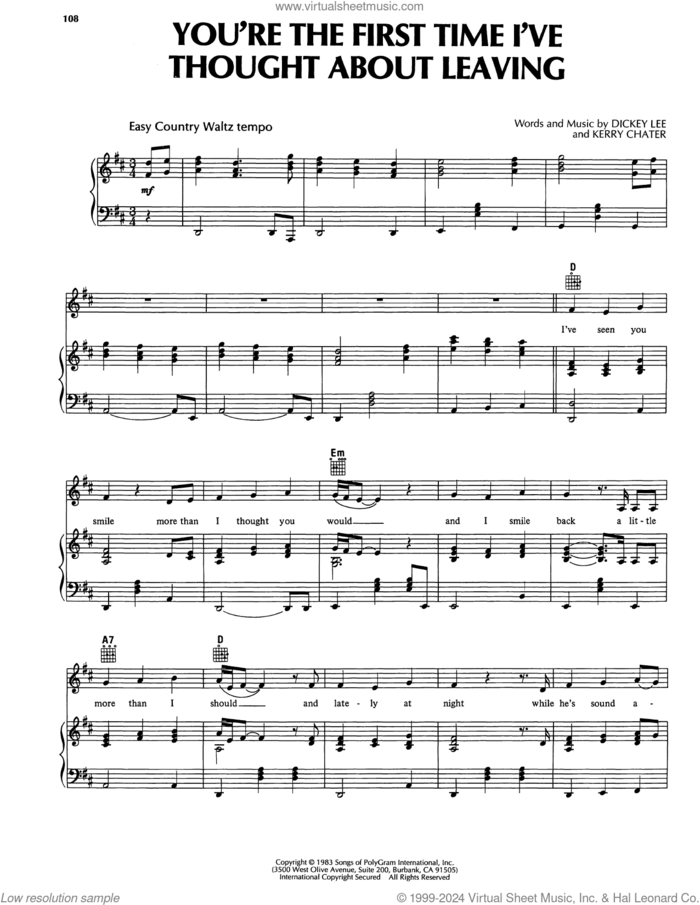You're The First Time I've Thought About Leaving sheet music for voice, piano or guitar by Reba McEntire, Dickey Lee and Kerry Chater, intermediate skill level