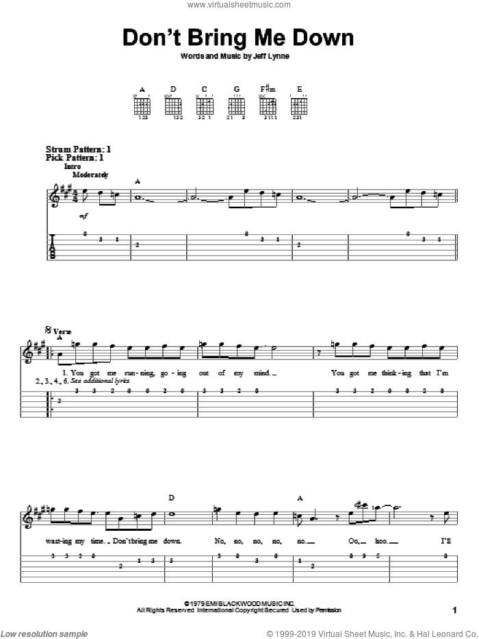 Don't Bring Me Down sheet music for guitar solo (easy tablature) by Electric Light Orchestra and Jeff Lynne, easy guitar (easy tablature)