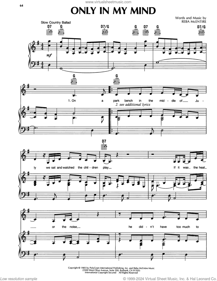 Only In My Mind sheet music for voice, piano or guitar by Reba McEntire, intermediate skill level