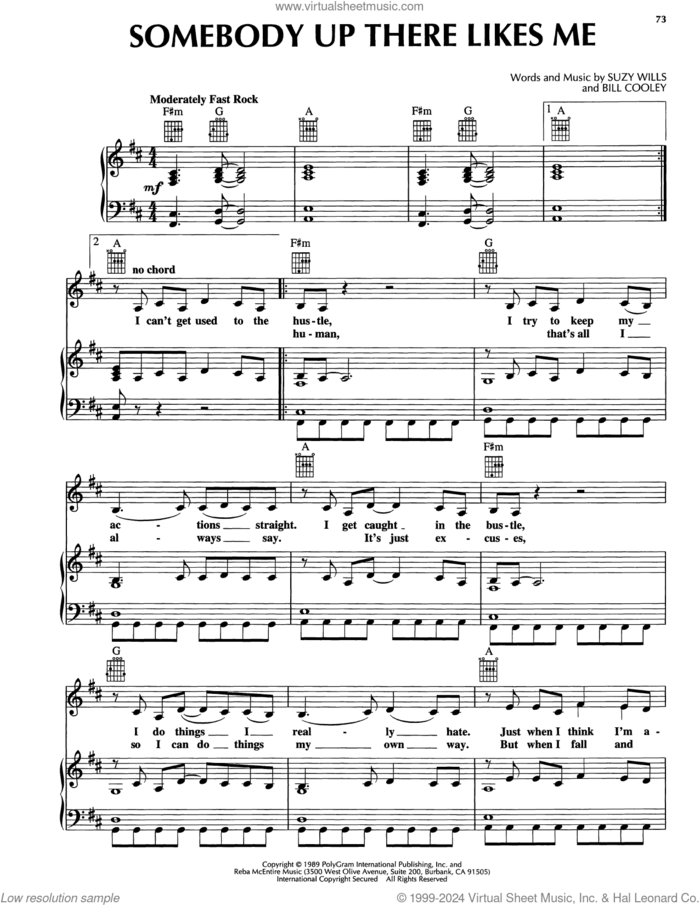 Somebody Up There Likes Me sheet music for voice, piano or guitar by Reba McEntire, Bill Cooley and Suzy Wills, intermediate skill level