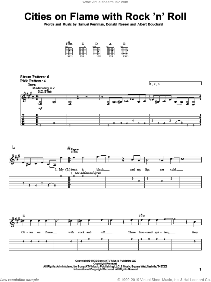 Cities On Flame With Rock 'N' Roll sheet music for guitar solo (easy tablature) by Blue Oyster Cult, Albert Bouchard, Donald Roeser and Samuel Pearlman, easy guitar (easy tablature)