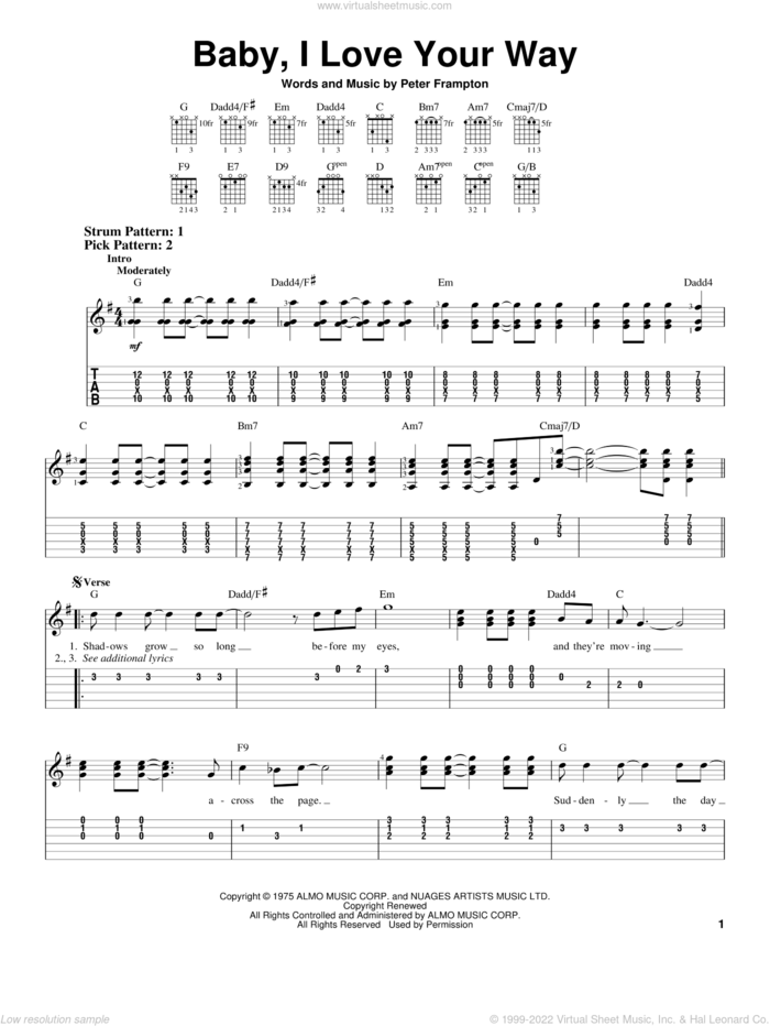Baby, I Love Your Way sheet music for guitar solo (easy tablature) by Peter Frampton, easy guitar (easy tablature)