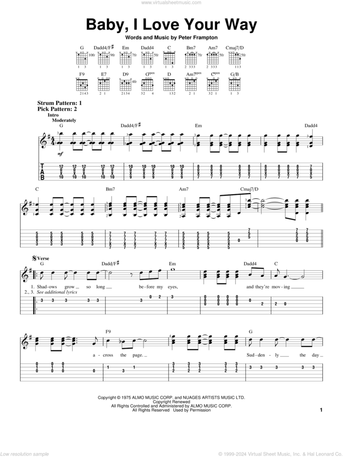 Baby, I Love Your Way sheet music for guitar solo (easy tablature) by Peter Frampton, easy guitar (easy tablature)