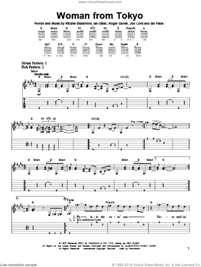 Woman From Tokyo sheet music for guitar solo (easy tablature) by Deep Purple, Ian Gillan, Ian Paice, Jon Lord, Ritchie Blackmore and Roger Glover, easy guitar (easy tablature)