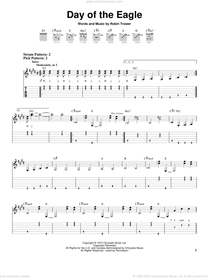 Day Of The Eagle sheet music for guitar solo (easy tablature) by Robin Trower, easy guitar (easy tablature)