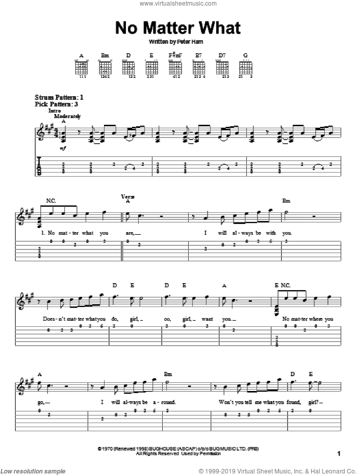 No Matter What, (easy) sheet music for guitar solo (easy tablature) by Badfinger and Pete Ham, easy guitar (easy tablature)