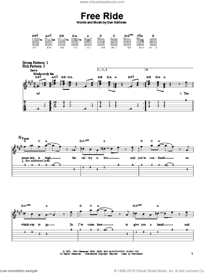 Free Ride sheet music for guitar solo (easy tablature) by Edgar Winter Group and Dan Hartman, easy guitar (easy tablature)