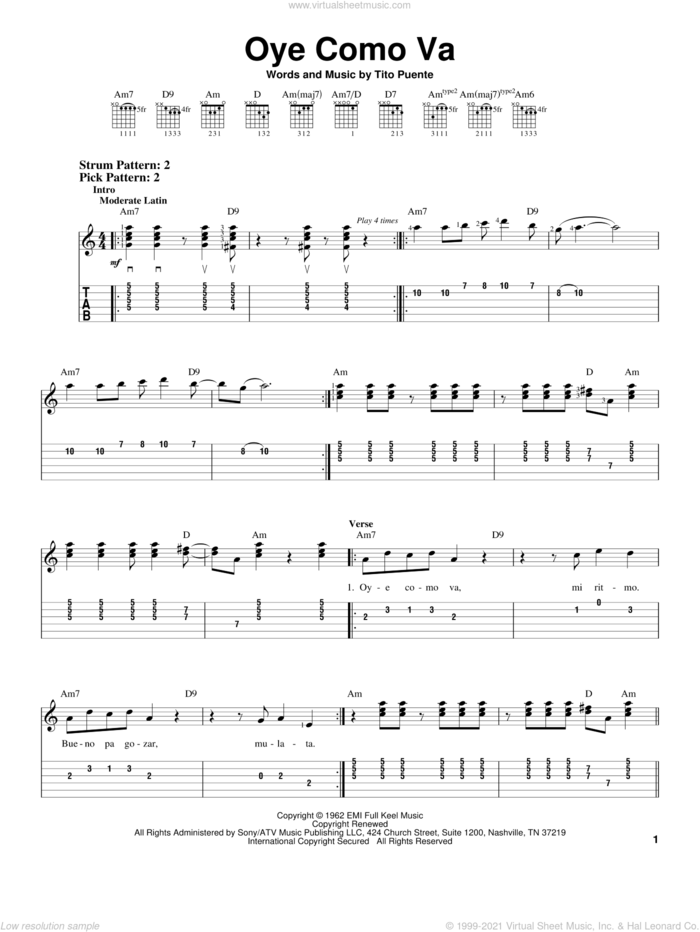Oye Como Va sheet music for guitar solo (easy tablature) by Tito Puente and Carlos Santana, easy guitar (easy tablature)