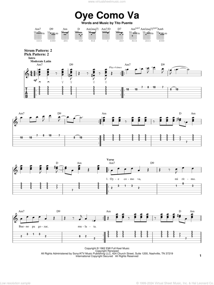 Oye Como Va sheet music for guitar solo (easy tablature) by Tito Puente and Carlos Santana, easy guitar (easy tablature)