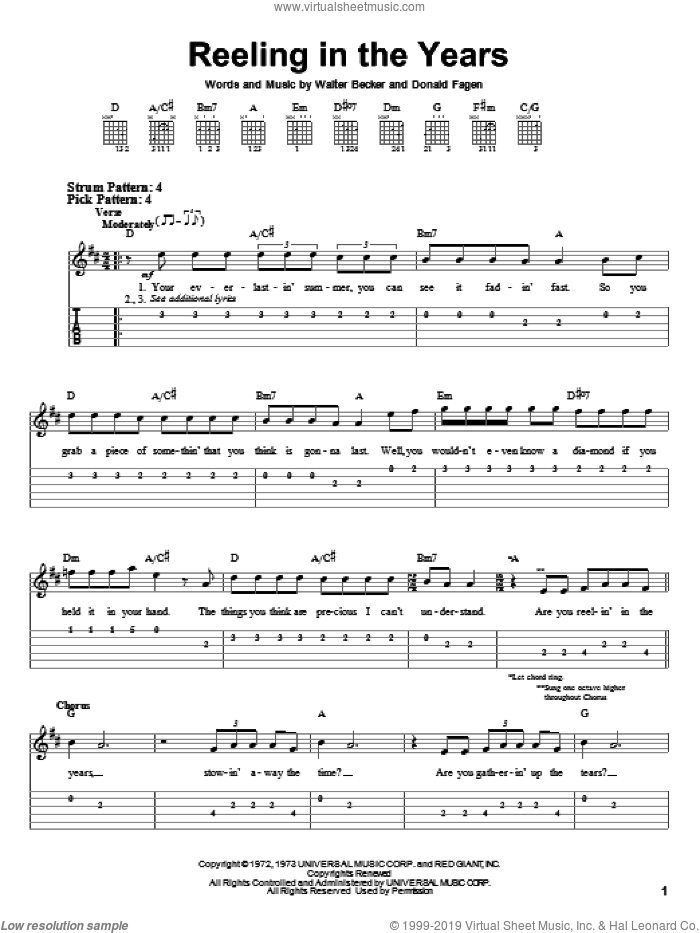 Reeling In The Years sheet music for guitar solo (easy tablature) by Steely Dan, Donald Fagen and Walter Becker, easy guitar (easy tablature)