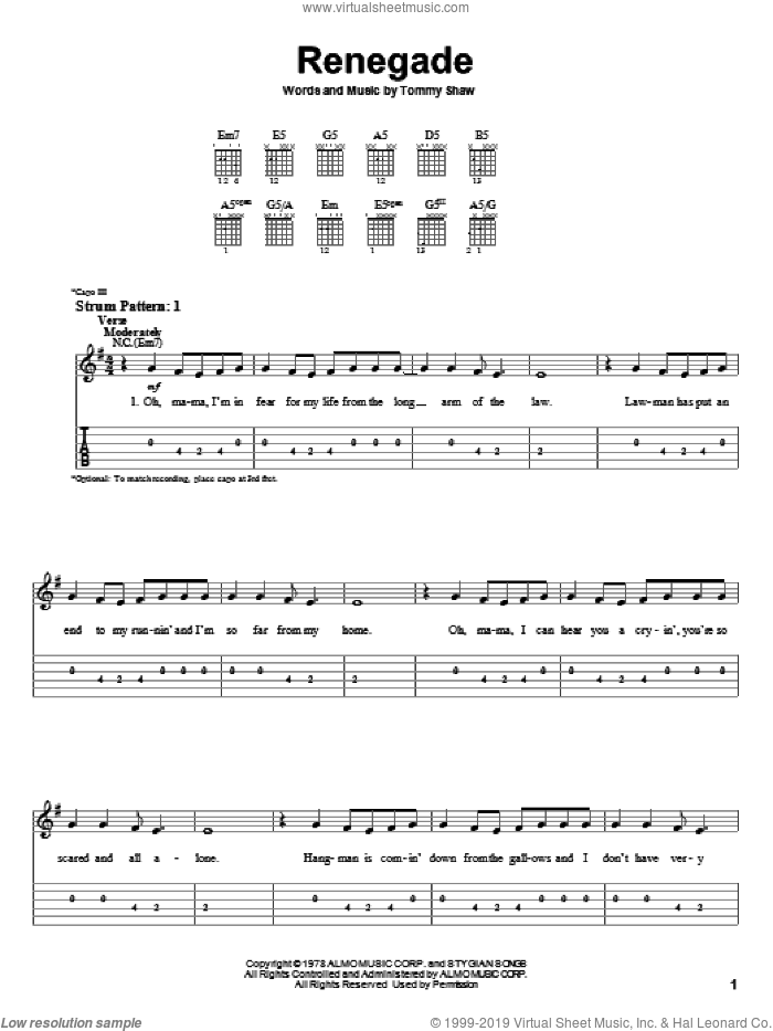 Renegade sheet music for guitar solo (easy tablature) by Styx and Tommy Shaw, easy guitar (easy tablature)