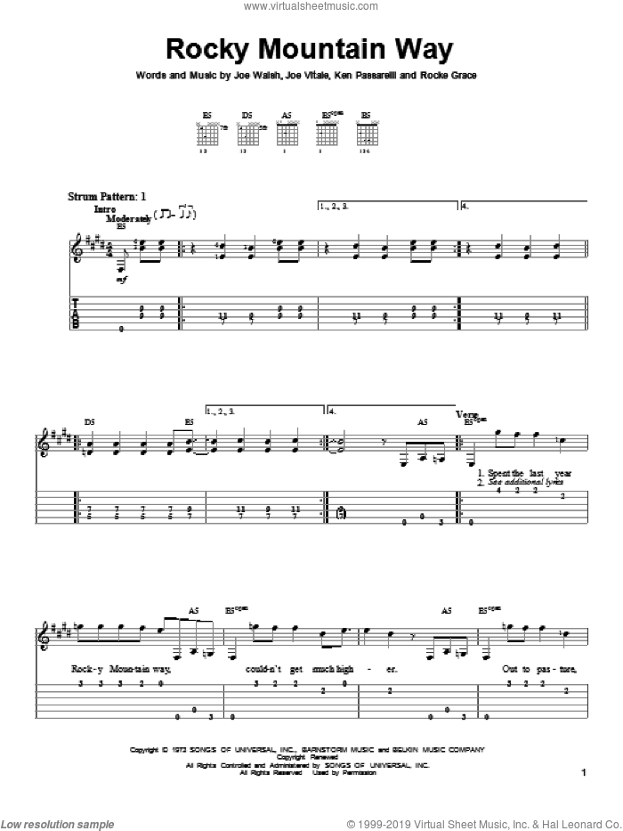 Rocky Mountain Way sheet music for guitar solo (easy tablature) by Joe Walsh, Joe Vitale, Ken Passarelli and Rocke Grace, easy guitar (easy tablature)