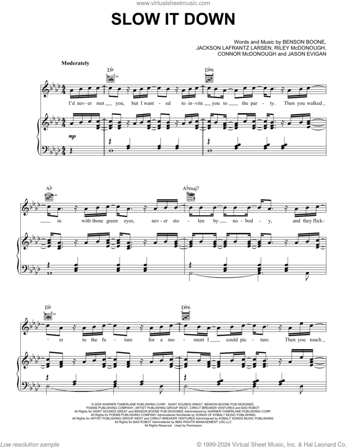 Slow It Down sheet music for voice, piano or guitar by Benson Boone, Connor McDonough, Jackson Lafrantz Larsen, Jason Evigan and Riley McDonough, intermediate skill level