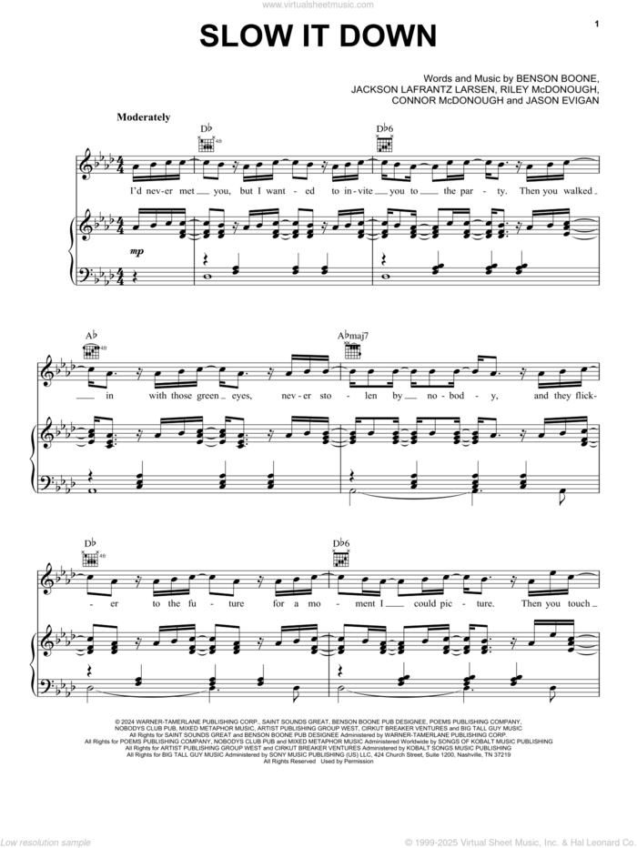 Slow It Down sheet music for voice, piano or guitar by Benson Boone, Connor McDonough, Jackson Lafrantz Larsen, Jason Evigan and Riley McDonough, intermediate skill level