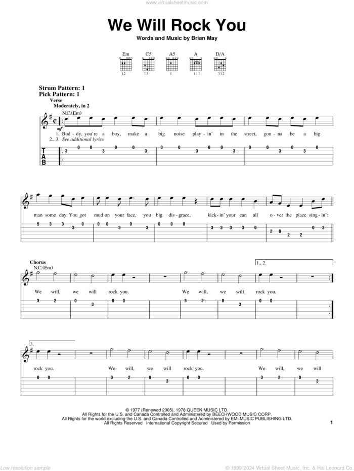 We Will Rock You sheet music for guitar solo (easy tablature) by Queen and Brian May, easy guitar (easy tablature)