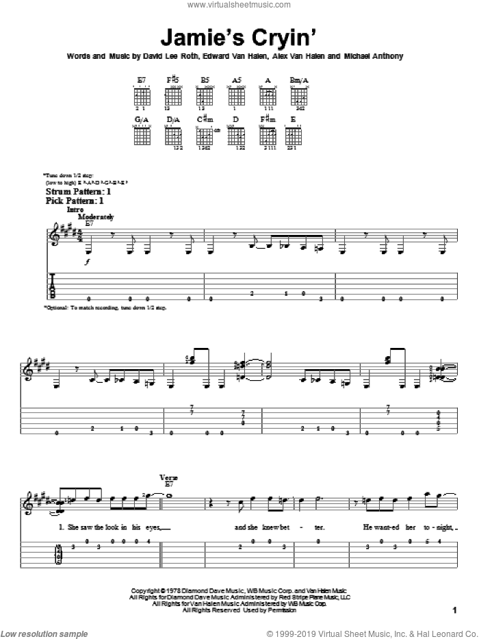 Jamie's Cryin' sheet music for guitar solo (easy tablature) by Edward Van Halen, Alex Van Halen, David Lee Roth and Michael Anthony, easy guitar (easy tablature)