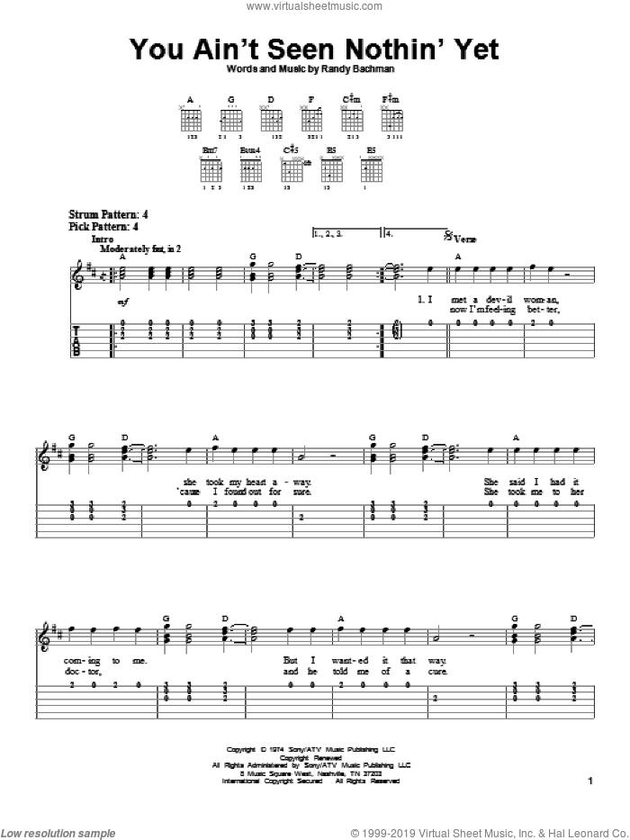 You Ain't Seen Nothin' Yet sheet music for guitar solo (easy tablature) by Bachman-Turner Overdrive and Randy Bachman, easy guitar (easy tablature)