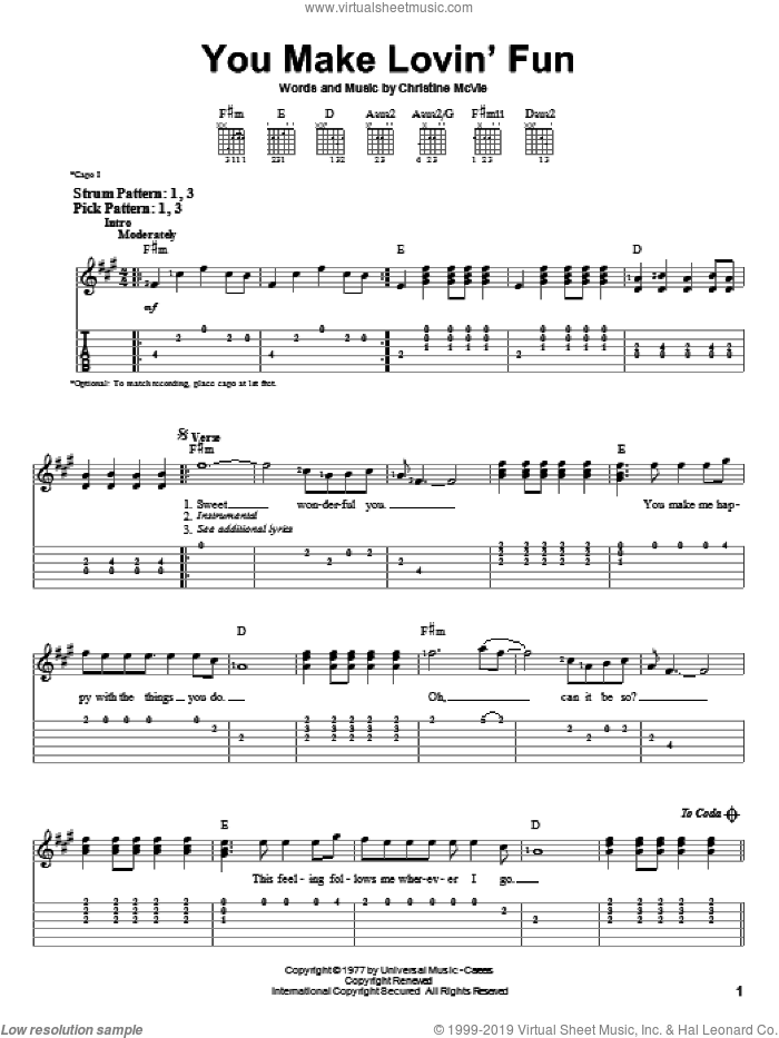 You Make Lovin' Fun sheet music for guitar solo (easy tablature) by Fleetwood Mac and Christine McVie, easy guitar (easy tablature)