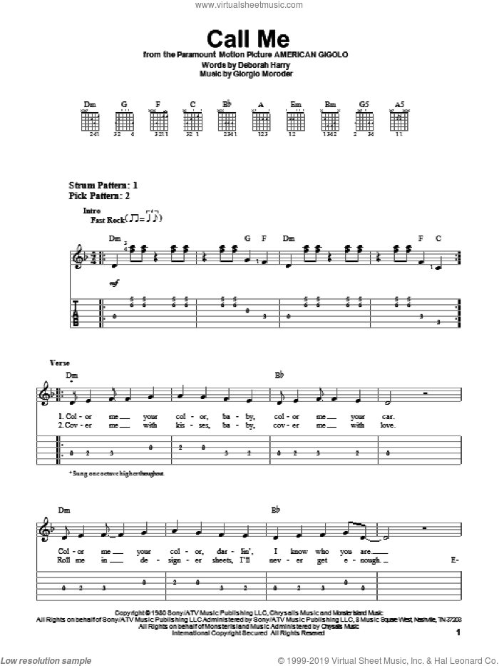 Call Me sheet music for guitar solo (easy tablature) by Blondie, Deborah Harry and Giorgio Moroder, easy guitar (easy tablature)