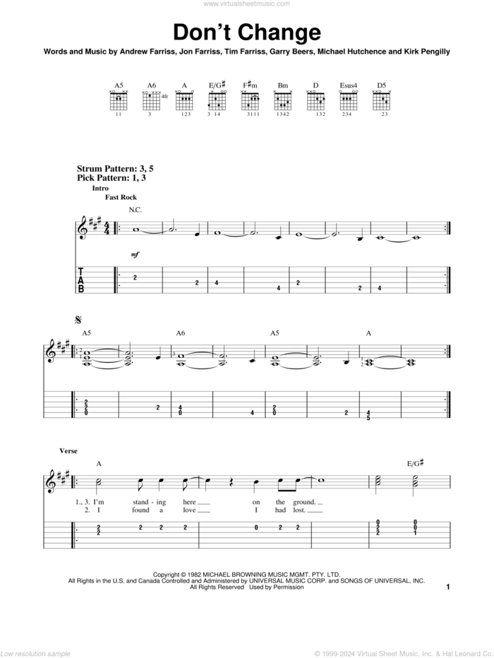 Don't Change sheet music for guitar solo (easy tablature) by INXS, Andrew Farriss, Garry Beers, Jon Farriss, Kirk Pengilly, Michael Hutchence and Tim Farriss, easy guitar (easy tablature)