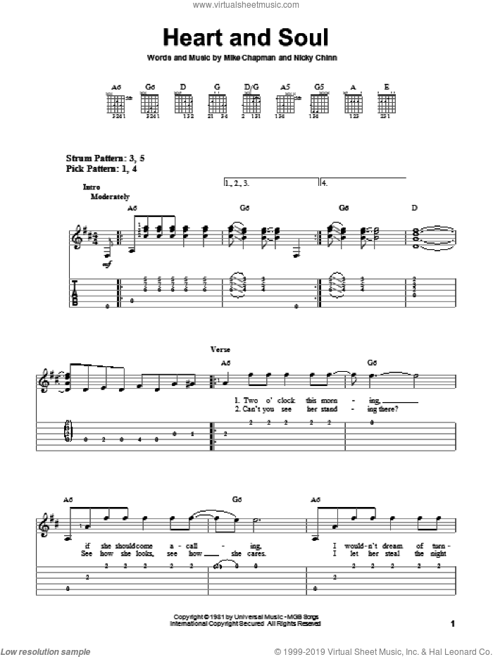 Heart And Soul sheet music for guitar solo (easy tablature) by Huey Lewis & The News, Mike Chapman and Nicky Chinn, easy guitar (easy tablature)
