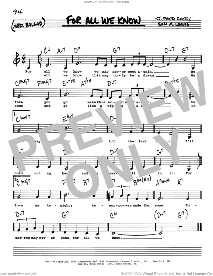 For All We Know (Low Voice) sheet music for voice and other instruments (real book with lyrics) by J. Fred Coots and Sam Lewis, intermediate skill level