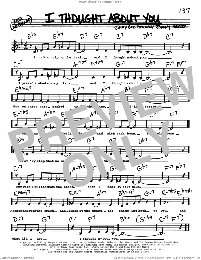 I Thought About You (Low Voice) sheet music for voice and other instruments (real book with lyrics) by Johnny Mercer, Benny Goodman and Jimmy Van Heusen, intermediate skill level