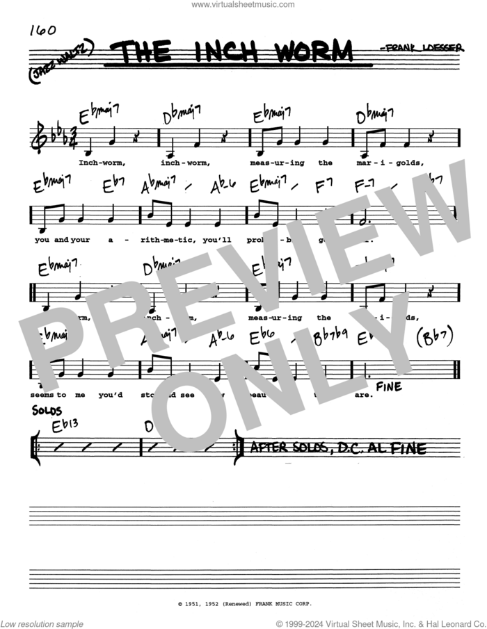 The Inch Worm (Low Voice) sheet music for voice and other instruments (real book with lyrics) by Frank Loesser, intermediate skill level