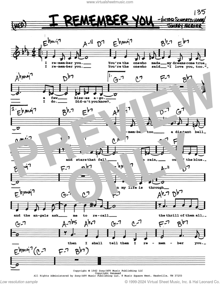 I Remember You (Low Voice) sheet music for voice and other instruments (real book with lyrics) by Johnny Mercer, Jo Stafford and Victor Schertzinger, intermediate skill level