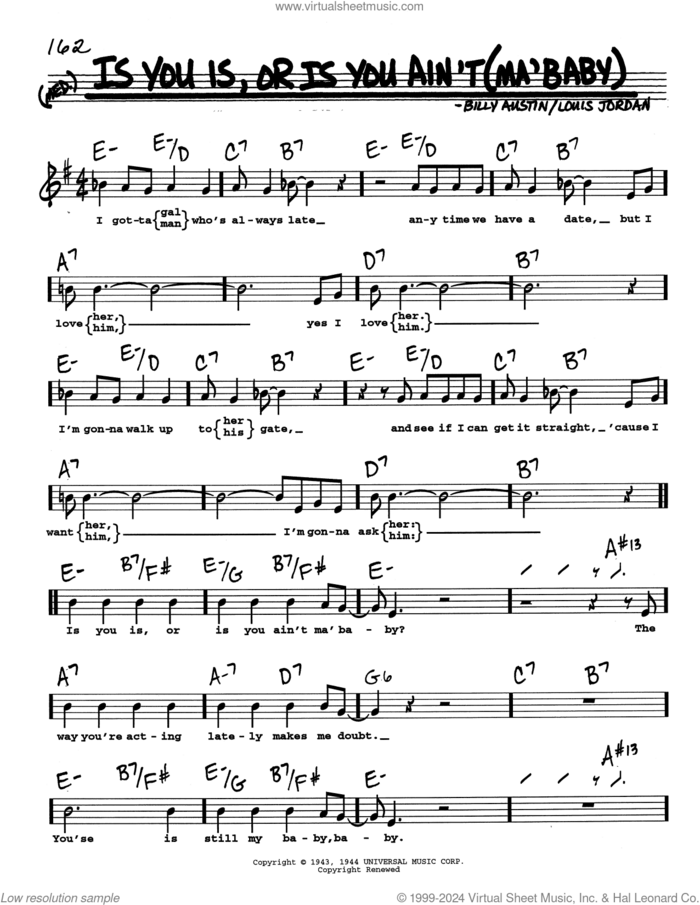 Is You Is, Or Is You Ain't (Ma' Baby) (Low Voice) sheet music for voice and other instruments (real book with lyrics) by Louis Jordan and Billy Austin, intermediate skill level
