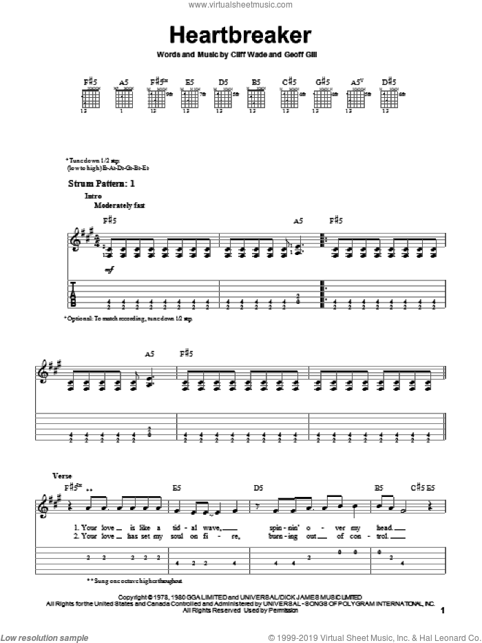 Heartbreaker sheet music for guitar solo (easy tablature) by Pat Benatar, Cliff Wade and Geoff Gill, easy guitar (easy tablature)
