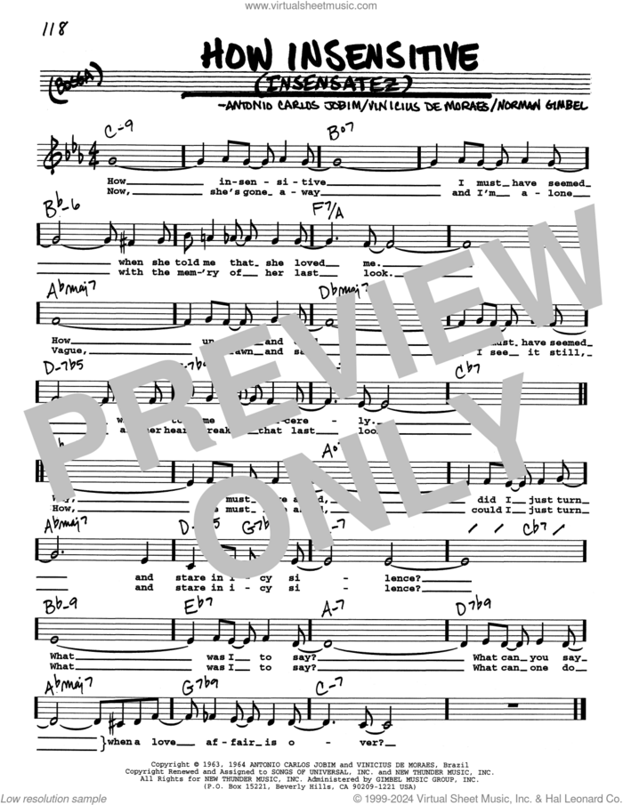 How Insensitive (Insensatez) (Low Voice) sheet music for voice and other instruments (real book with lyrics) by Norman Gimbel, Astrud Gilberto, Antonio Carlos Jobim and Vinicius de Moraes, intermediate skill level