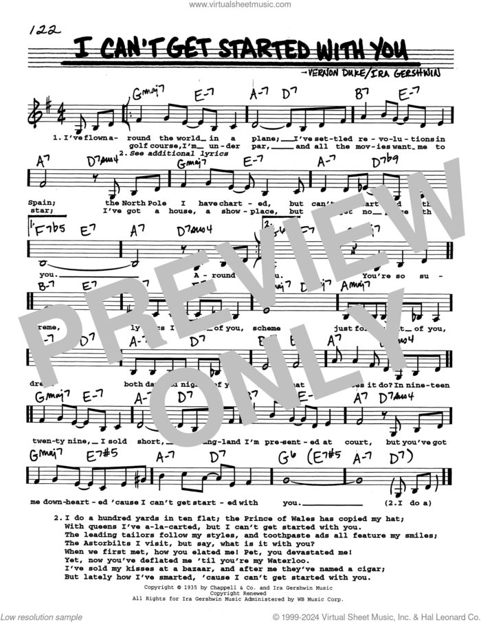 I Can't Get Started (Low Voice) sheet music for voice and other instruments (real book with lyrics) by Ira Gershwin and Vernon Duke, intermediate skill level
