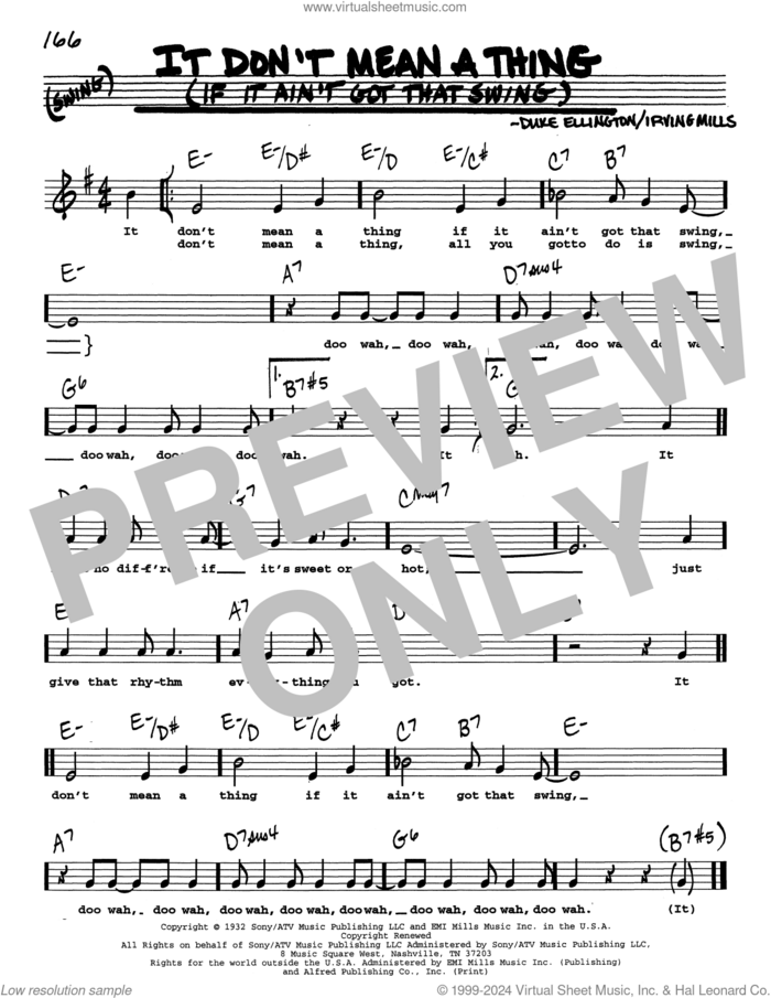 It Don't Mean A Thing (If It Ain't Got That Swing) (Low Voice) sheet music for voice and other instruments (real book with lyrics) by Duke Ellington and Irving Mills, intermediate skill level
