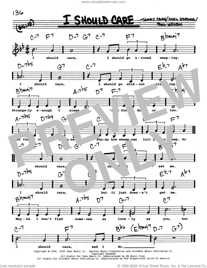 I Should Care (Low Voice) sheet music for voice and other instruments (real book with lyrics) by Sammy Cahn, Axel Stordahl and Paul Weston, intermediate skill level