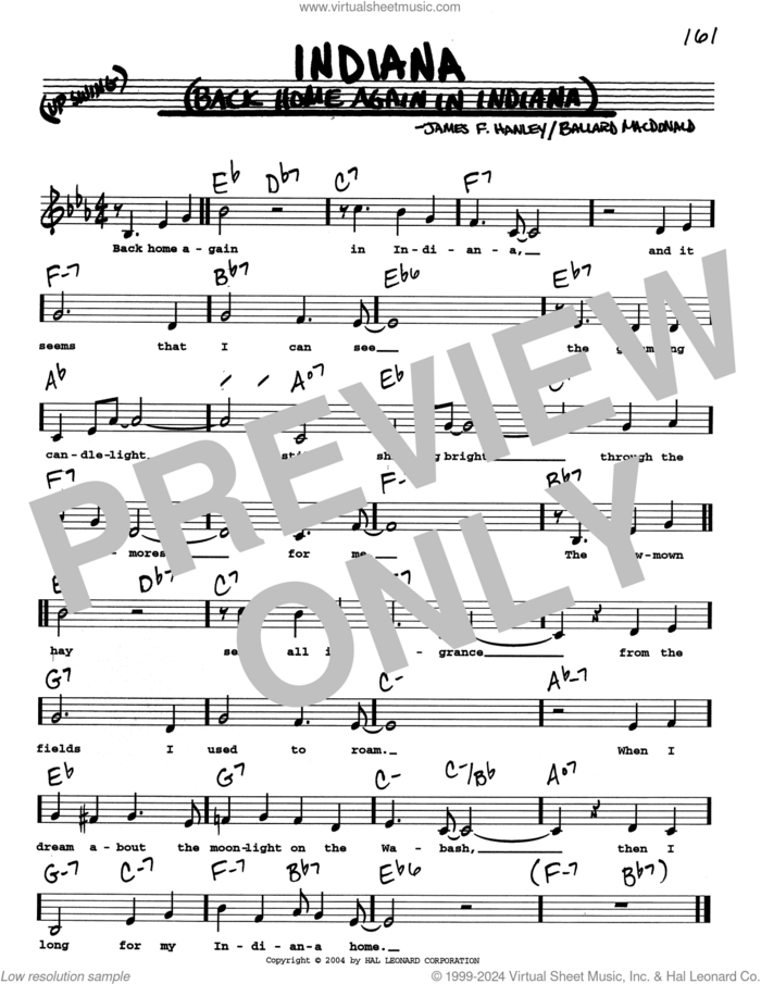 Indiana (Back Home Again In Indiana) (Low Voice) sheet music for voice and other instruments (real book with lyrics) by Ballard MacDonald and James Hanley, intermediate skill level